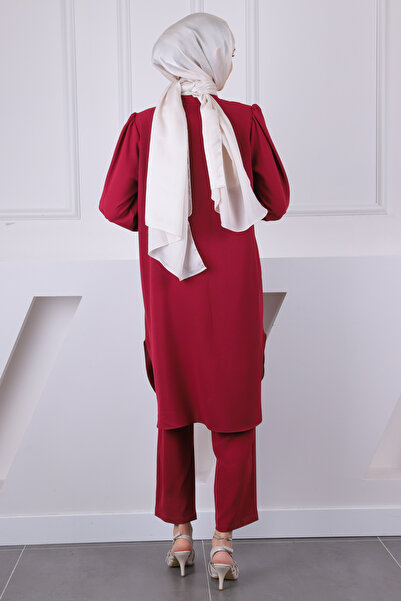 İmajButik Claret Red Judge Collar Sleeve Ribbed Tunic Trousers Suit