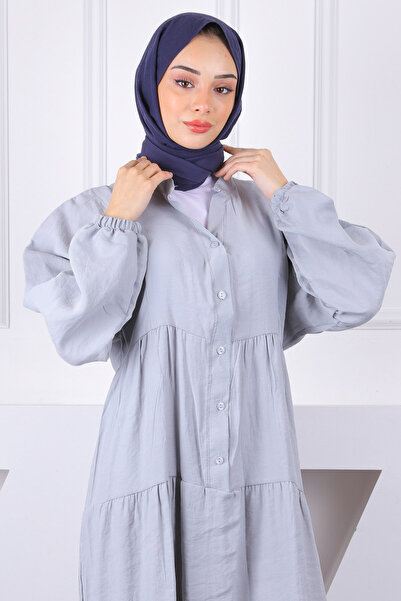 İmajButik Gray Half Button Modal Dress