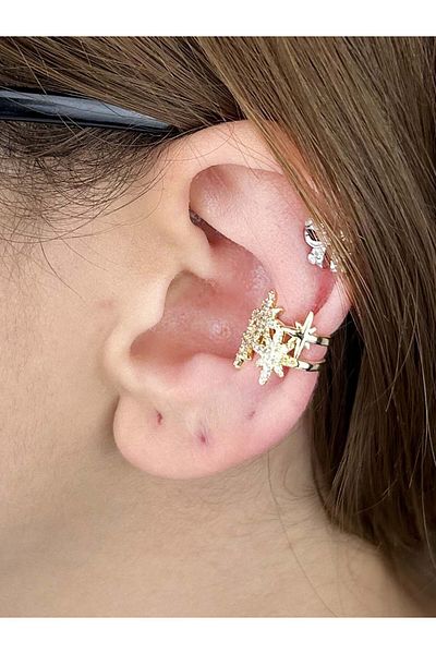 Neon Takı by Atalay Gold Color Sensitivity Tag and Zircon Stone Ear Fractures Buçuk