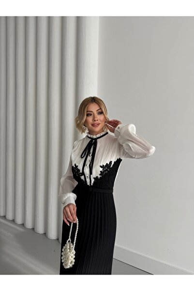 1Moda1Tarz Kadın İthal Simli Yoryo Şifon Kumaş Dantel Detaylı Piliseli Kurdeleli Astarlı Özel Tasarım Elbise