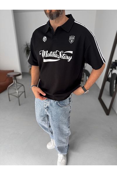 BYBASICMAN Black Matcha Printed Polo Neck Oversize T-Shirt Pm-013