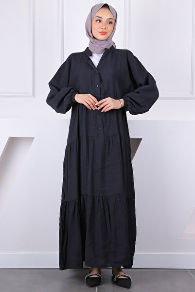 İmajButik Μαύρο φόρεμα Modal με μισό κουμπί