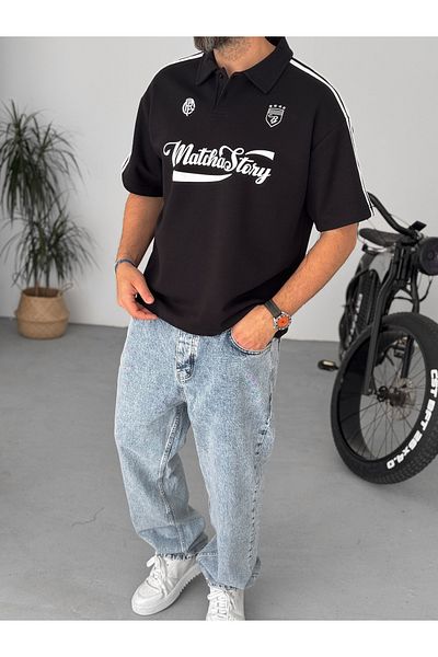 BYBASICMAN Black Matcha Printed Polo Neck Oversize T-Shirt Pm-013