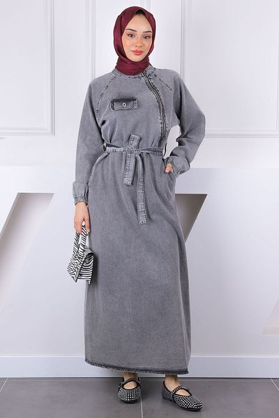 İmajButik Τζιν φόρεμα με καπνιστή μέση