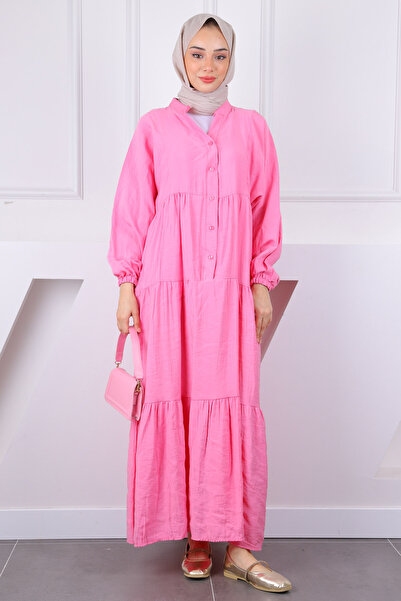 İmajButik Ροζ φόρεμα με μισό κουμπί