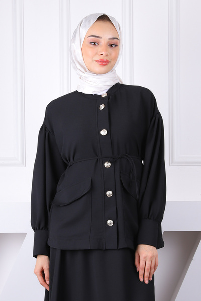 İmajButik Black Sleeve Gathered Jacket Skirt Suit