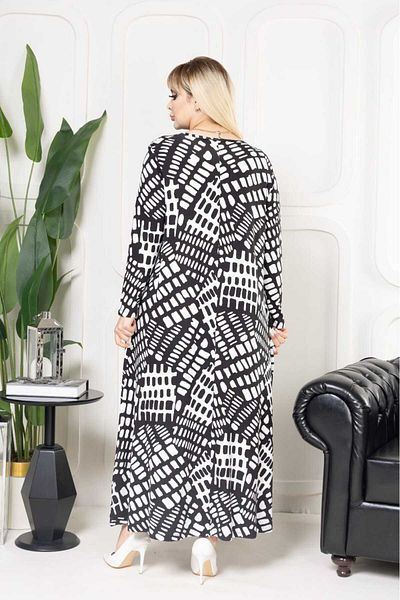 Şans Women's Large Size Black, Patterned Viscose Long Sleeve Dress 65N38825