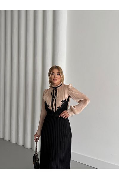 1Moda1Tarz Rochie de damă din țesătură din șifon Yoryo, argintiu, importată, cu dantelă, cu pliuri, căptușită cu panglică, cu design special