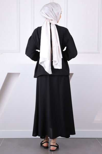 İmajButik Black Sleeve Gathered Jacket Skirt Suit