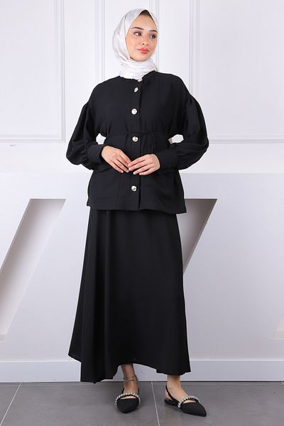 İmajButik Black Sleeve Gathered Jacket Skirt Suit