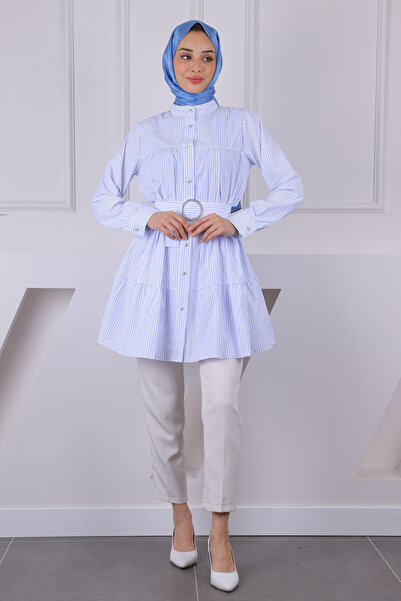 İmajButik White Blue Judge Collar Striped Poplin Tunic