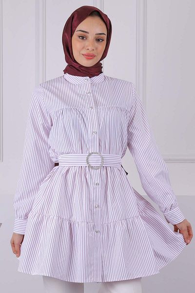 İmajButik Burgundy Judge Collar Striped Poplin Tunic