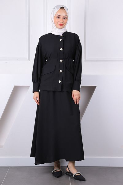 İmajButik Black Sleeve Gathered Jacket Skirt Suit