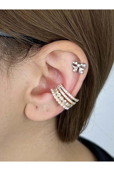 Neon Takı by Atalay Sensitivity Tag and Zircon Stone and Pearl, Ear Cartilage Area Earrings 513, Case Gold Color