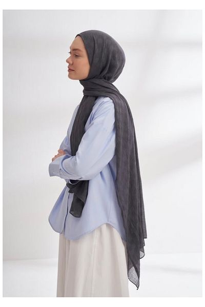 ARMANDA Muslin Checker Pattern Shawl - Gray - Blue