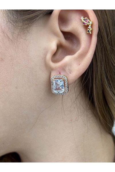 Neon Takı by Atalay Sensitivity Tag and Zircon Stone, Baguette Model, Stainless Steel Earrings 42, Case Gold Color