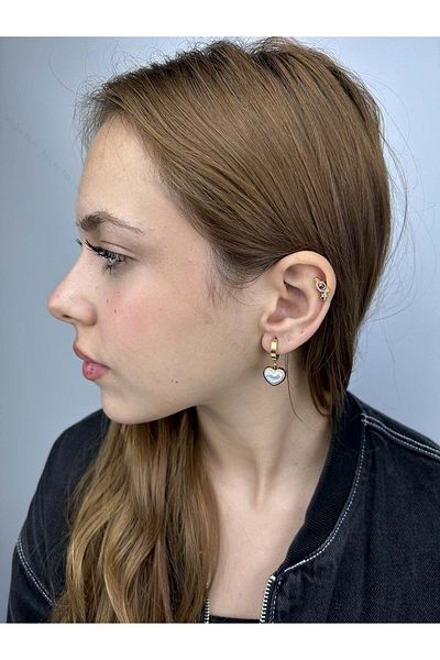Neon Takı by Atalay Receptivity Tag, Heart with Dangle Pearl and Stainless Steel Earrings 12 Carat Gold
