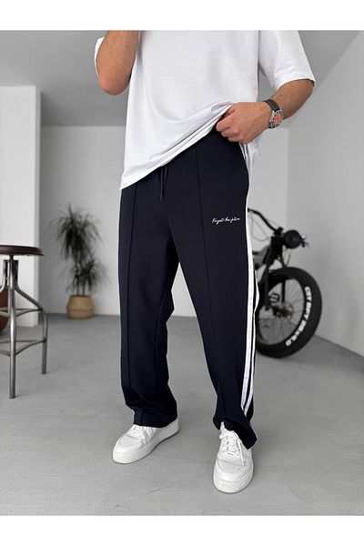 BYBASICMAN Navy Blue Striped Embroidered Pipe Leg Sweatpants Pm-153