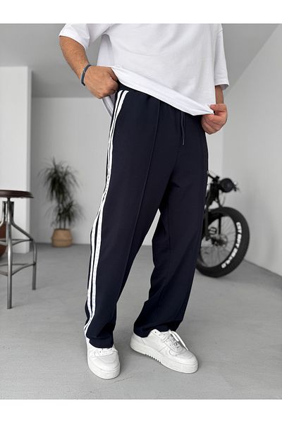 BYBASICMAN Navy Blue Striped Embroidered Pipe Leg Sweatpants Pm-153