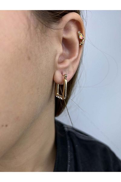 Neon Takı by Atalay Sentimentality Tag and Xxx Zircon Stone, Upright Quadrilateral Ring Model Stainless Steel Earrings 133 Gold Color