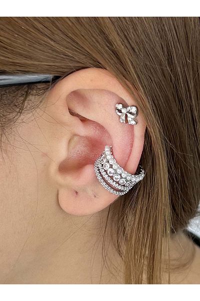 Neon Takı by Atalay Reactivity Sticker and Zircon Stone and Pearl, Ear Cartilage Area Bijouterie Earrings 512, Silver Color