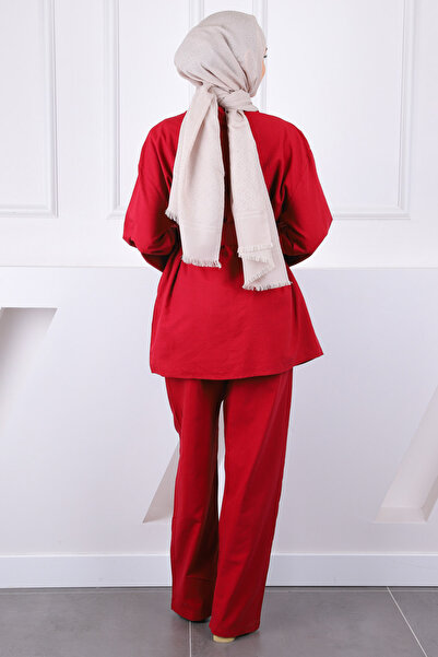 İmajButik Burgundy Belted Kimono Pants Suit