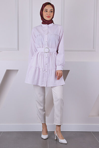 İmajButik Burgundy Judge Collar Striped Poplin Tunic