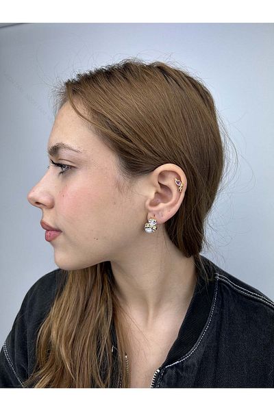 Neon Takı by Atalay Sensitivity Tag and Zircon Stone, Pearl, Heart and Ribbon, Steel Earrings 556, Case Gold Color