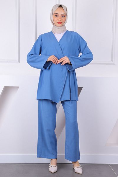 İmajButik بدلة كيمونو مربوطة من الأمام باللون النيلي مع بنطلون