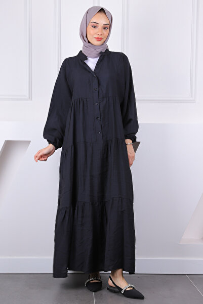 İmajButik Μαύρο φόρεμα Modal με μισό κουμπί