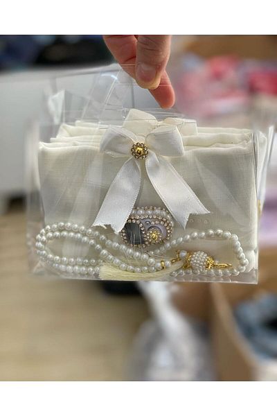 Azra Pack of 10 Women's Umrah, Hajj Gift Set, Cotton Cheesecloth, Glass Pearl Prayer Beads, Stone Zikrmatik