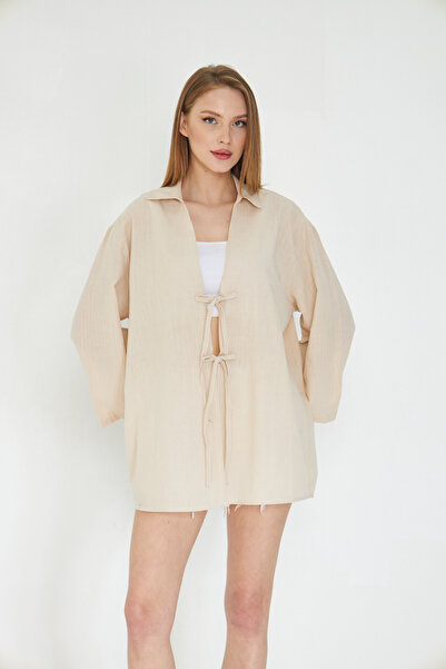 SevdeUgur Women's Cream Linen Lace-Up Kimono / Sevde Ugur