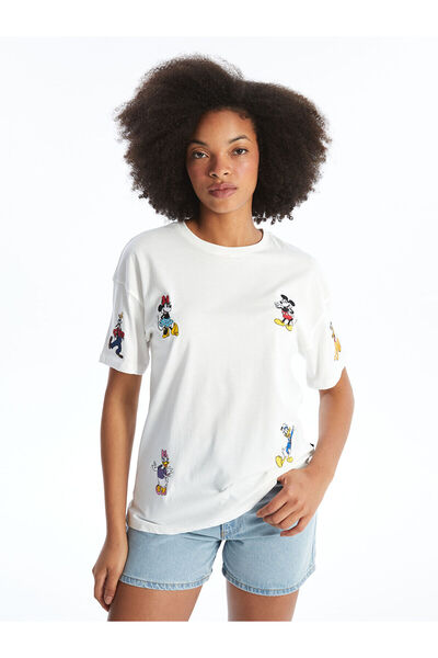 LC Waikiki LCW Mickey and Friends bedrucktes Damen-T-Shirt mit Rundhalsausschnitt – kurze Ärmel