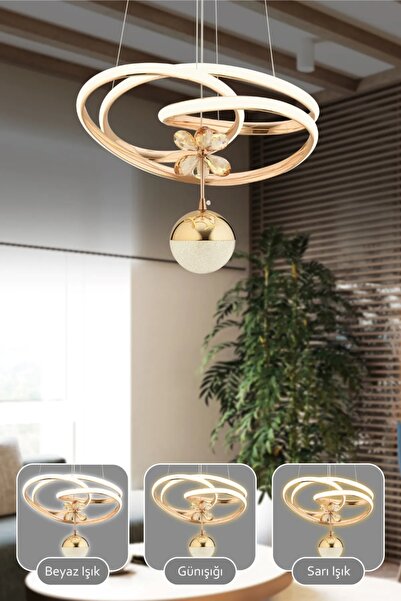 LUCKY LIGHT Kaos Rose Gold 3 Renk Ledli Kristal Taç Lı Salon Oturma Odası Hol - Led Avize