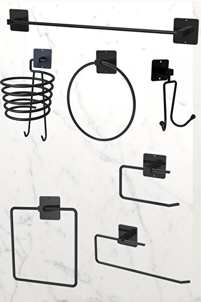 KARTEYA 7'li Süper Set Siyah Fön Makinesi Askısı Havluluk Wc/Tuvalet Kağıtlık...