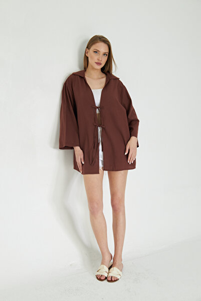 SevdeUgur Γυναικείο καφέ λινό κορδόνι κιμονό