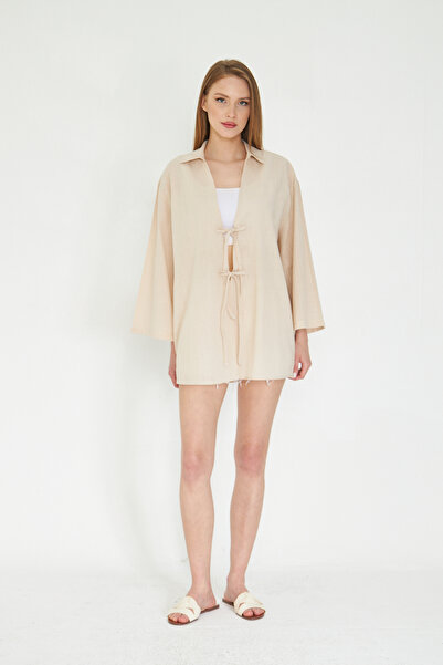 SevdeUgur Women's Cream Linen Lace-Up Kimono / Sevde Ugur