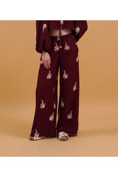 TOPSHOW Embroidery Detailed Wide Leg Linen Trousers