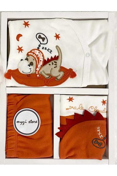 MİLAYS LİFE HOME COLLECTİON Dinosaur Süzene Embroidered Cotton Newborn Outfit 5-Piece Hospital Release Bodysuit