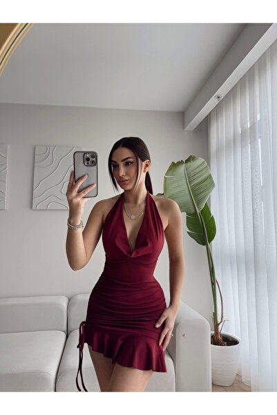Zoom Butik Boyun Bağlamalı Degaje Elbise - BORDO