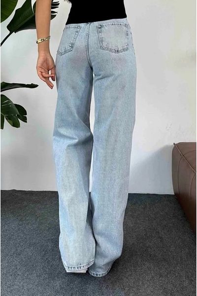LİMABEL Pantaloni largi din denim cu talie înaltă pentru femei, blugi Palazzo cu spălare specială, albastru de gheață