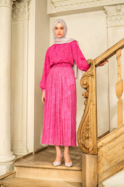 Tuğba Bel Lastikli Pliseli Elbise - Fuşya