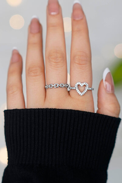 TREND COLLECTİON 2 Pieces Adjustable Silver Zircon Stone Women's Ring Set