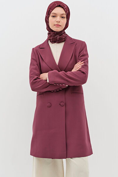 Tuğba Kruvaze Düğmeli Uzun Basic Ceket - Mürdüm