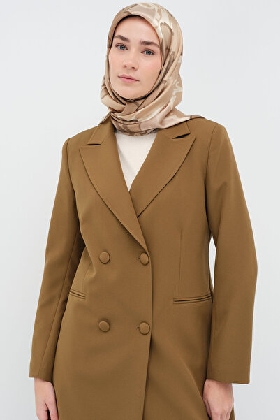 Tuğba Kruvaze Düğmeli Uzun Basic Ceket - Olive