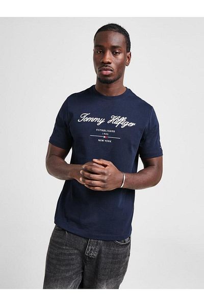 Tommy Hilfiger Mens Logo Script Crew Neck T-Shirt