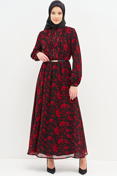Tuğba Plise Ve Fırfır Detaylı Desenli Elbise - Kırmızı
