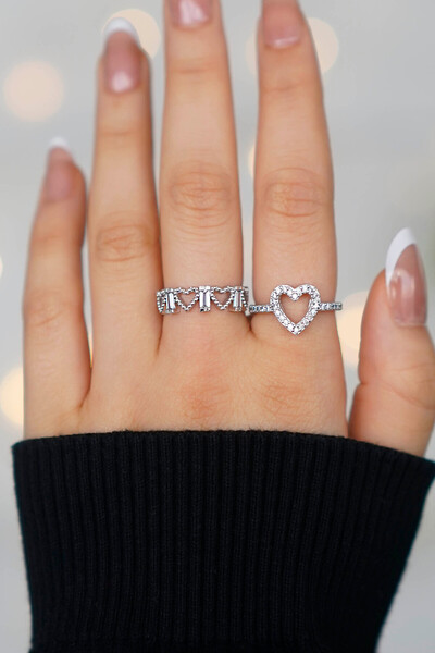 TREND COLLECTİON 2 Pieces Adjustable Silver Stone Heart Model Women's Ring Set