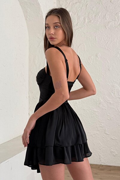 lovebox Kadın Saten Kumaş Göğüs Dekolteli Dolgulu Sırtı Gipeli Eteği Kat Kesim Siyah Saten Abiye Elbise 168