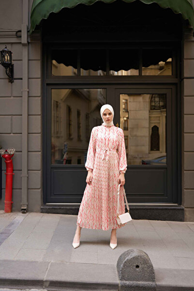 Tuğba Bel Lastikli Pliseli Desenli Elbise - Pembe